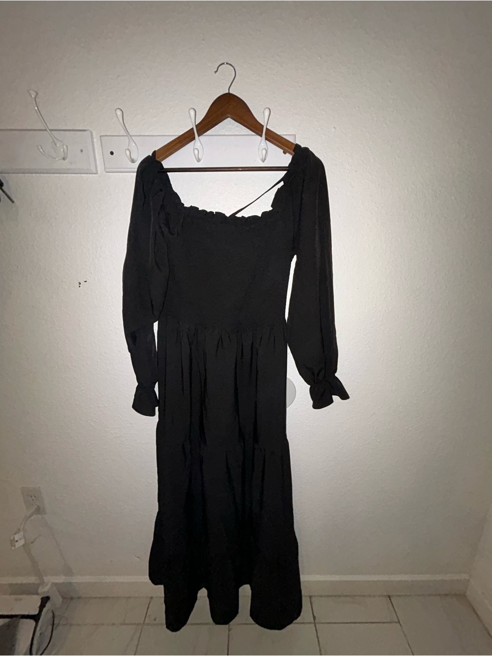 Black Long Sleeve Smocked Midi Dress
